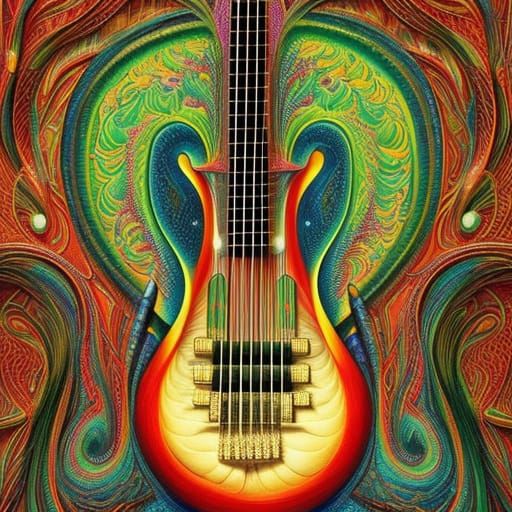 Colorful 3D Bass Guitar with Musical Notes