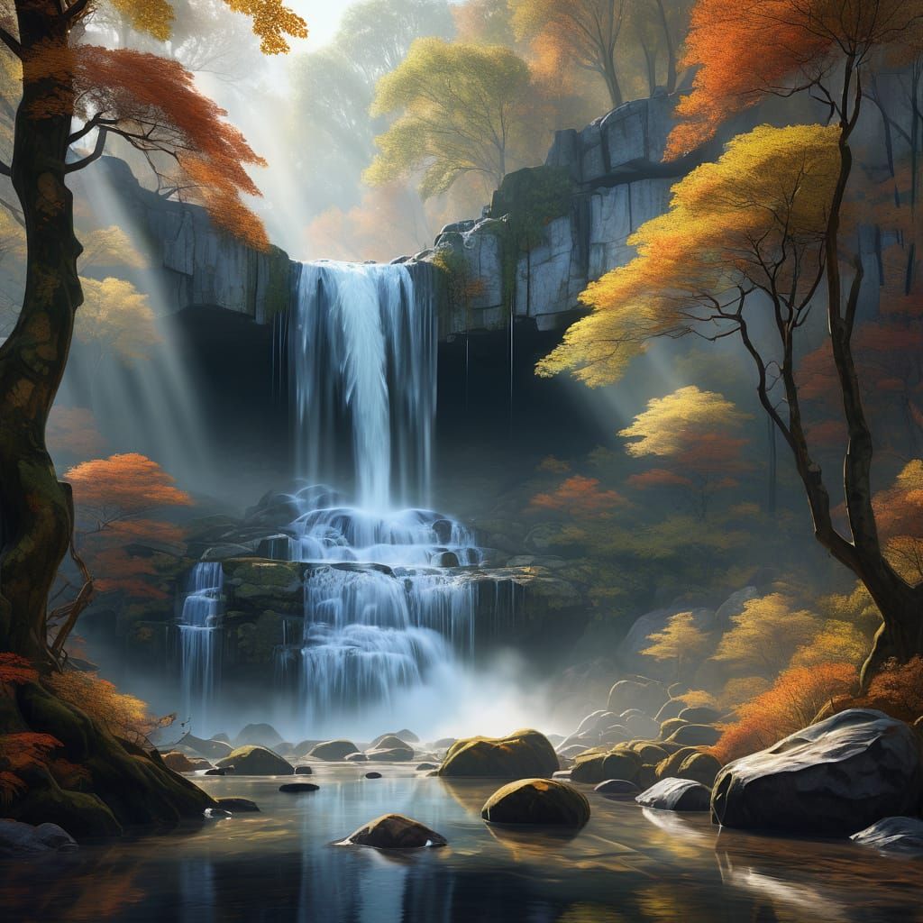 Autumn Waterfall in Dappled Sunlight Digital Painting