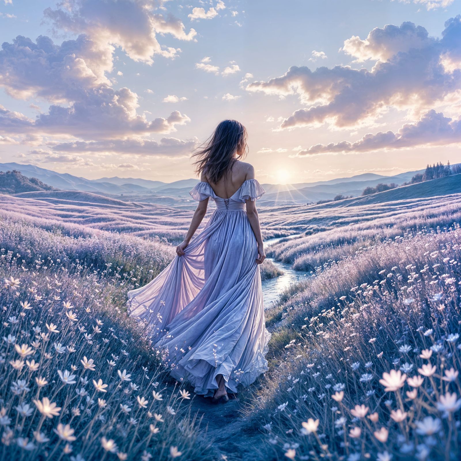 Woman in Pastel Dress Merges with Painted Meadow Landscape