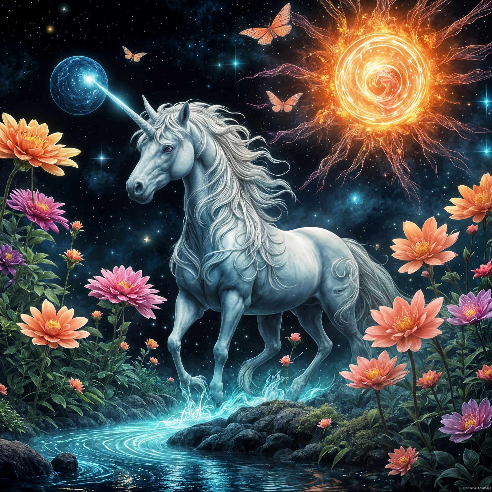 Majestic Unicorn Drinks from Enchanted Stream with Neon Flow...