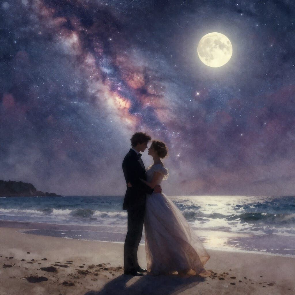 Regency Lovers Embrace Under Starlit Sky