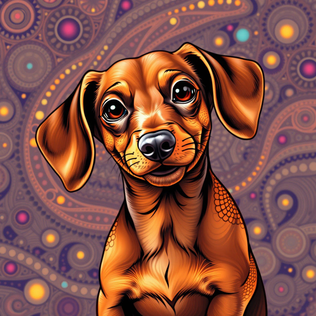 Dachshund Portrait in Dot Work Style with Fractal Background
