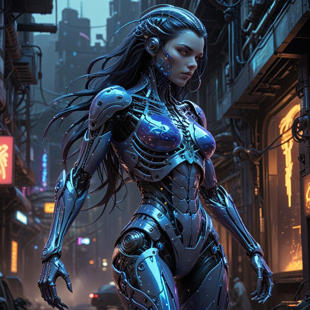 Cyborg Monstergirl Warrior Standing in Fighting Stance, Amid...