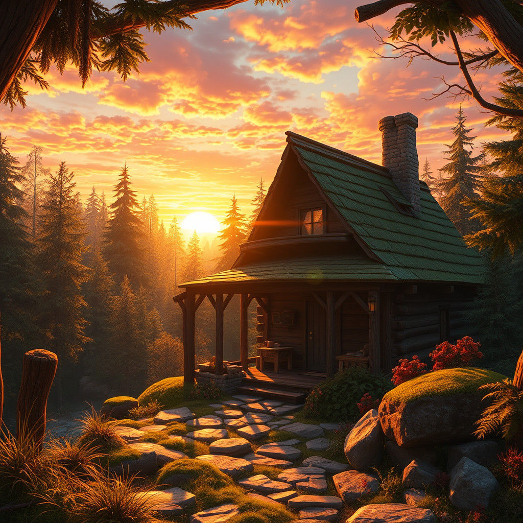 Cozy Forest Cottage at Sunset: Matte Painting