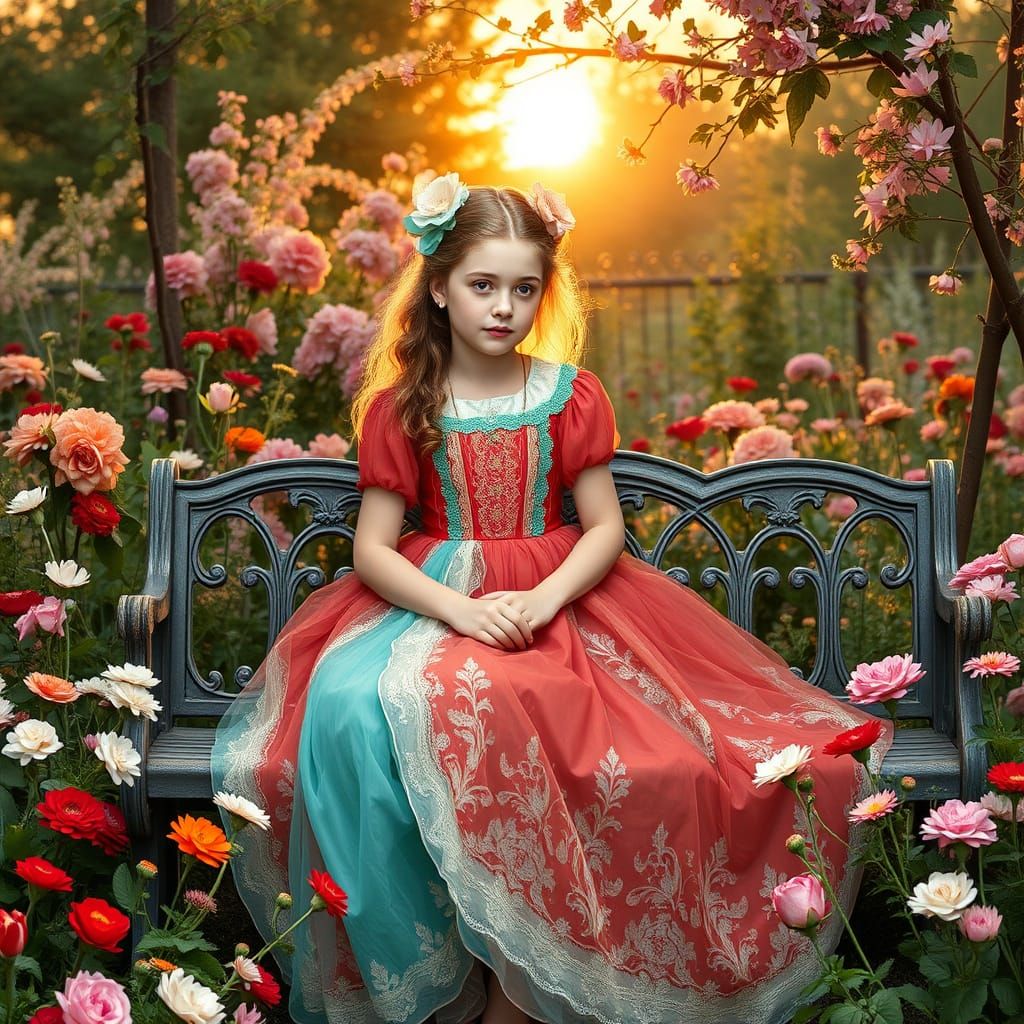 Whimsical Girl in a Pre-Raphaelite Garden