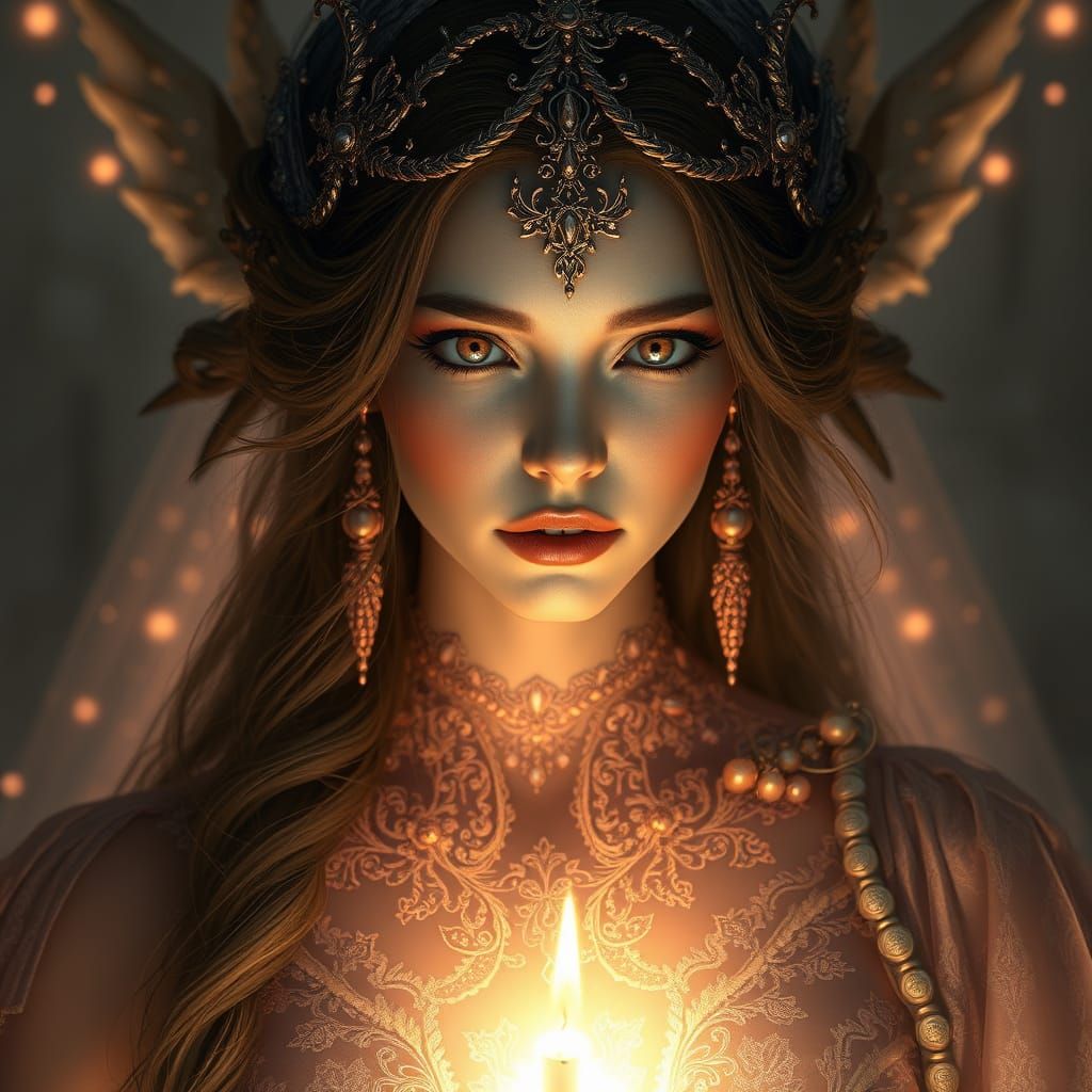 Ethereal Goddess Radiates Soft, Rose Gold Light into Darknes...