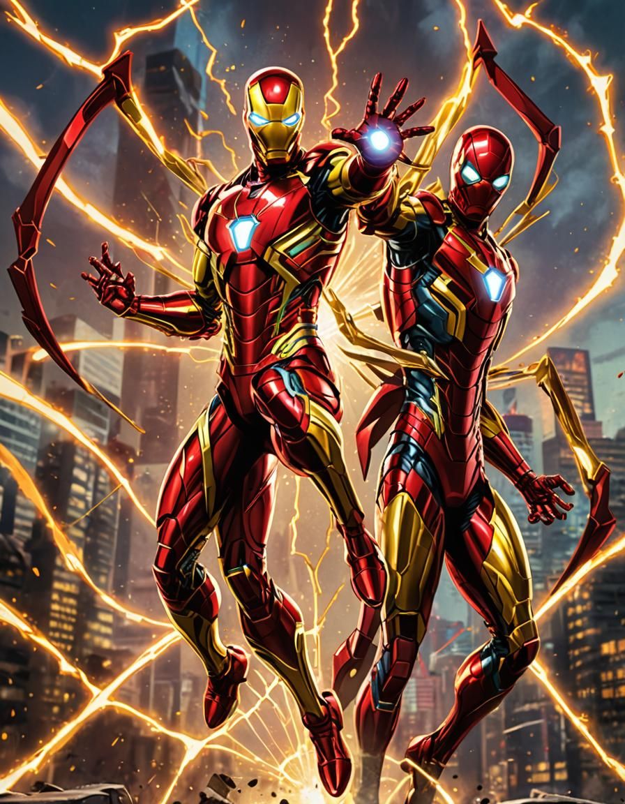 Dynamic Ironman and Spider-Man in Manga Style