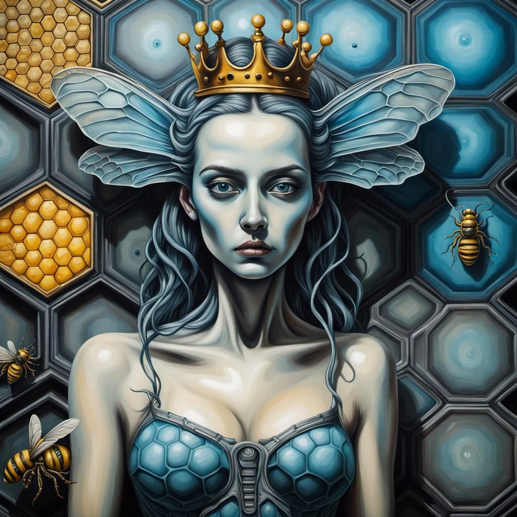 Crowned Queen Bee on Honeycomb, Surrealist Style