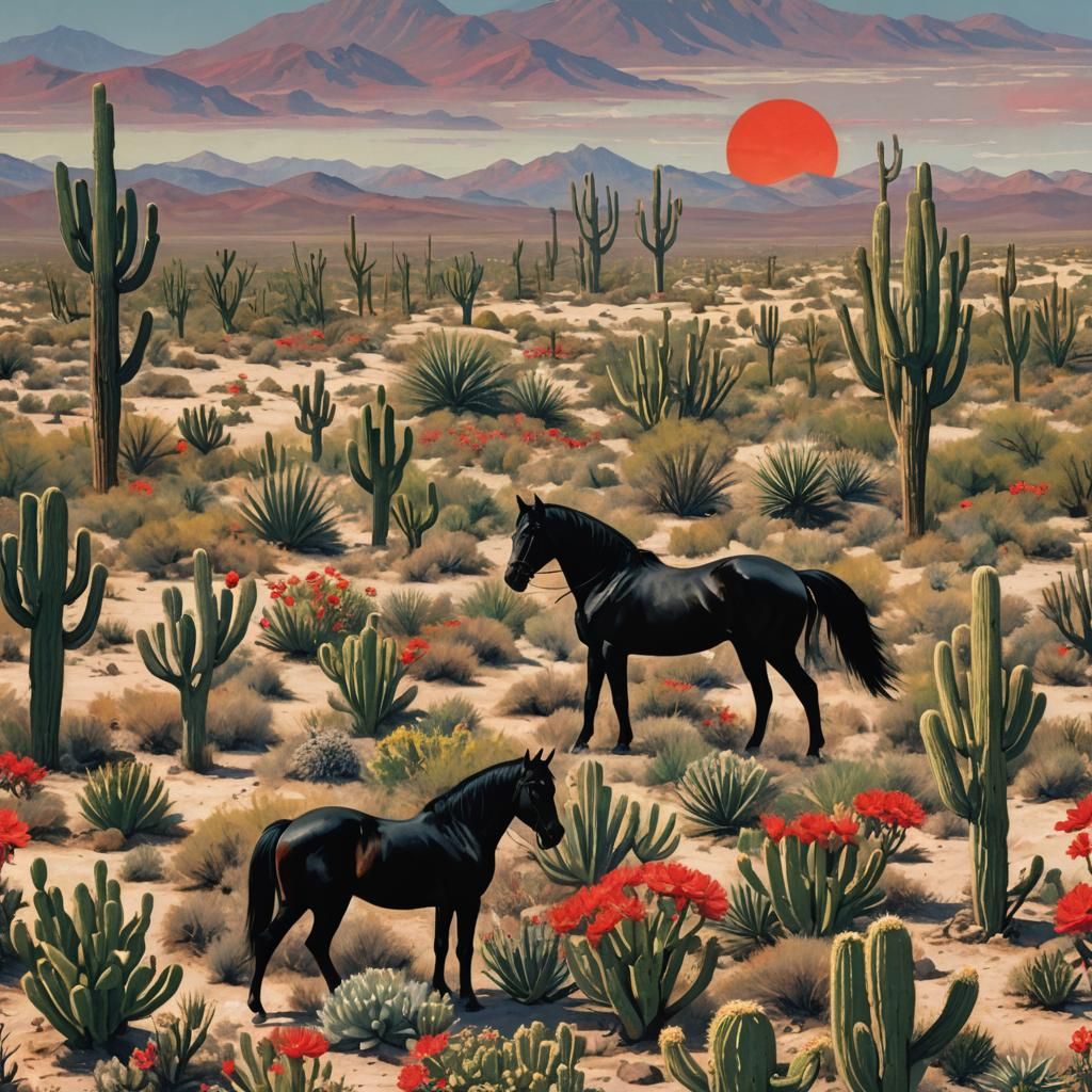 red sun, black horse standing in front in the desert, cactus and cactus flowers