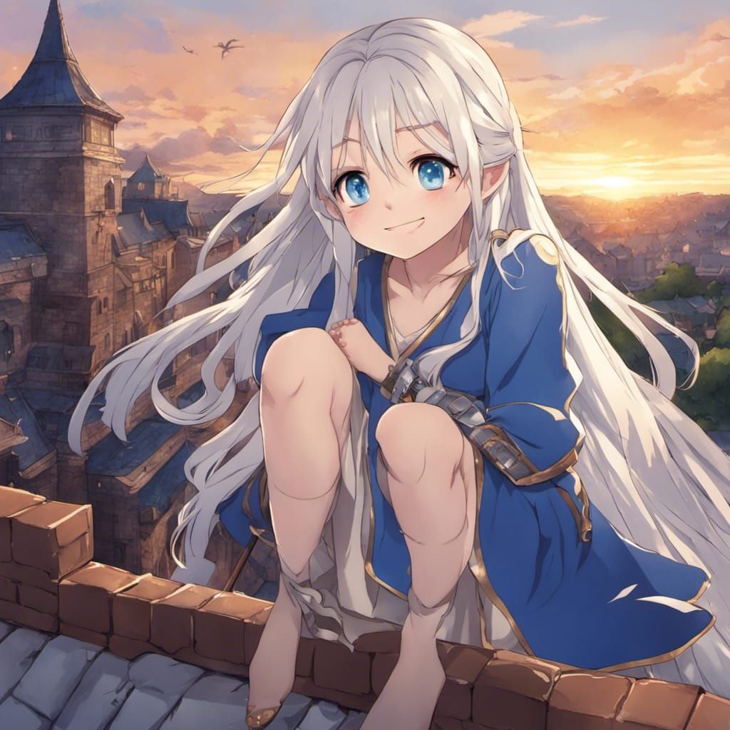 Anime Girl on Castle Roof at Sunset