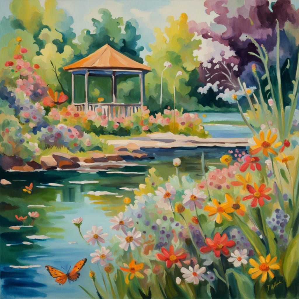 Impressionist Lake with Butterflies and Wildflowers