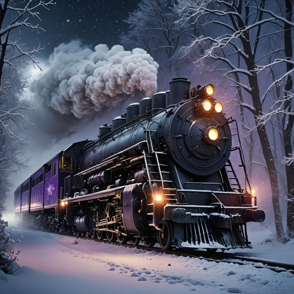 Terrifying Locomotive in Snowy Night Landscape