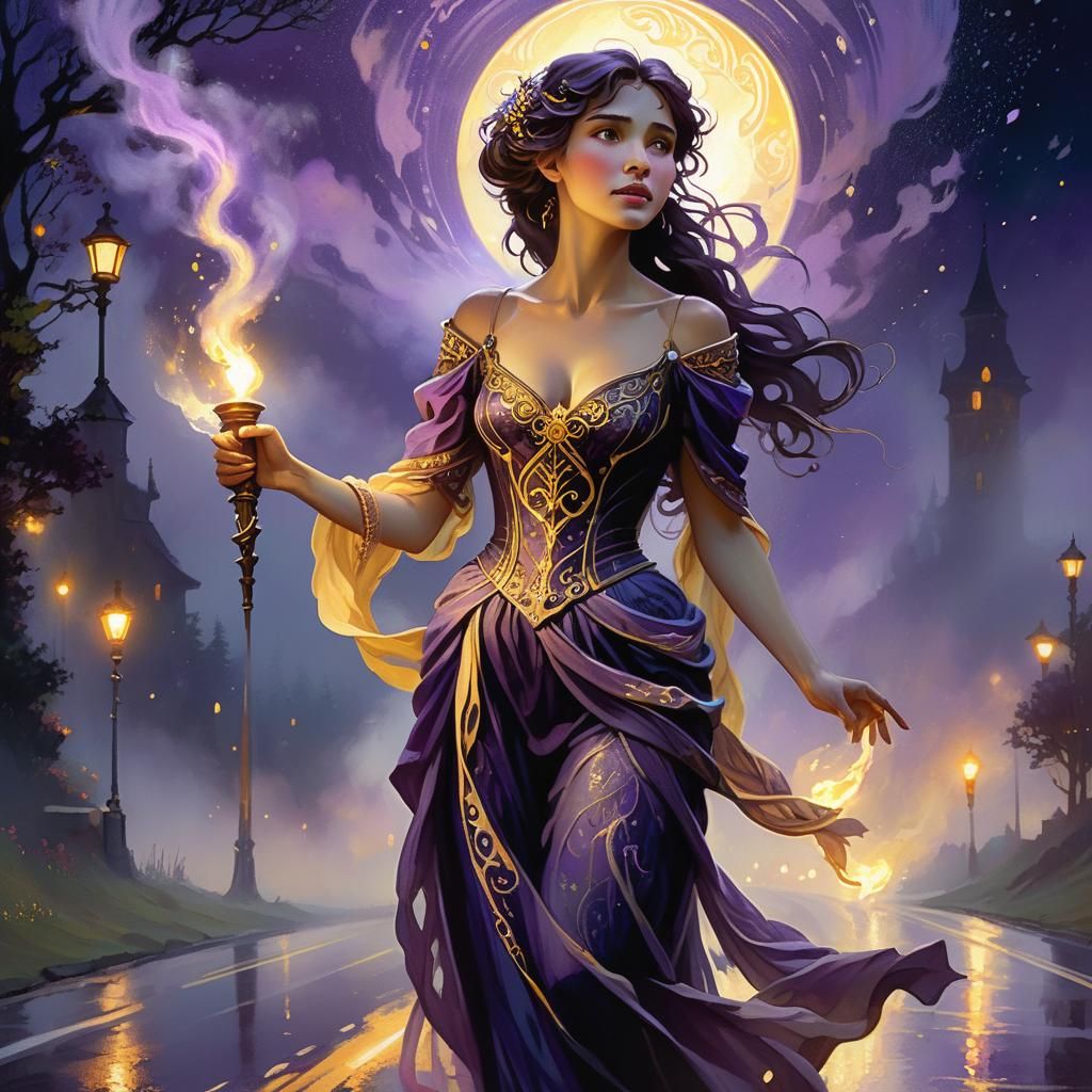 Ethereal Woman Walks Road at Night with Torch