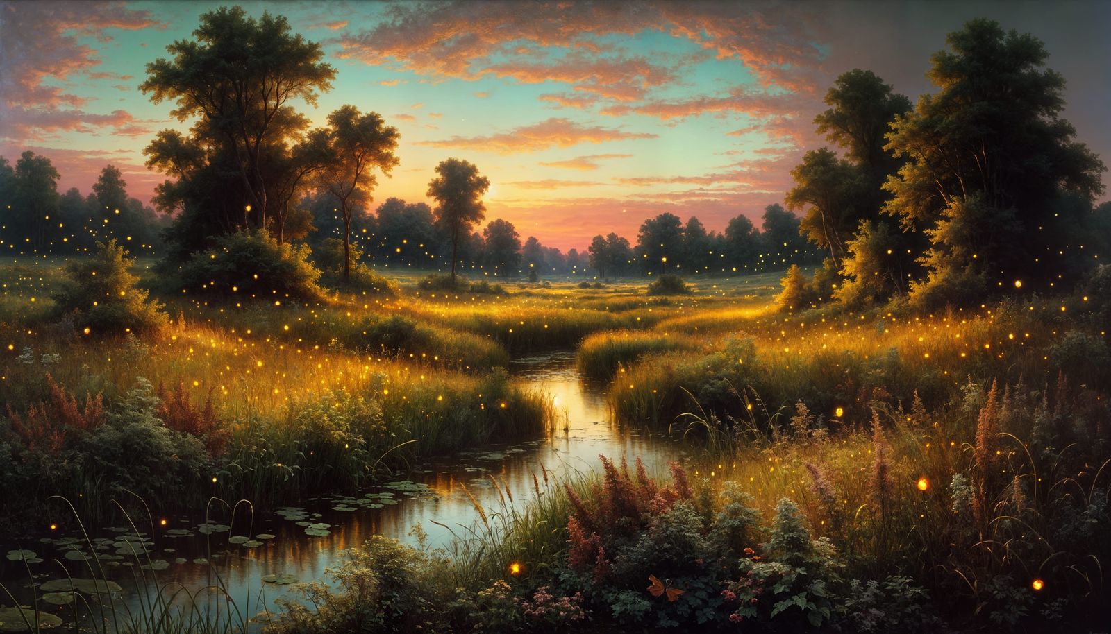Firefly Meadow at Twilight in Bierstadt Style