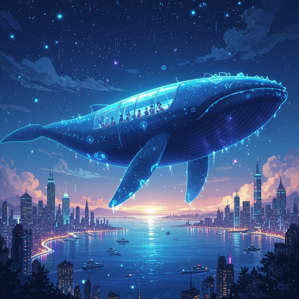Luminous Blue Whale Vessel Above Shimmering City