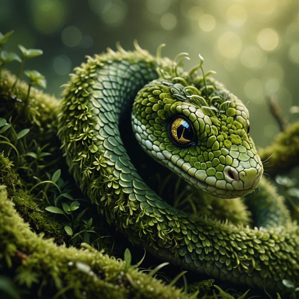 Adorable Moss Snake in a Magical Realism Style