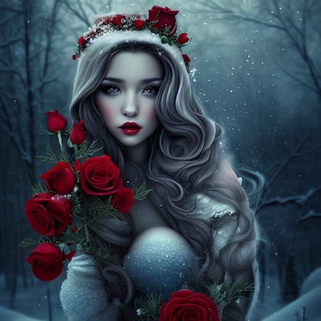 Romantic Winter Princess with Red Roses