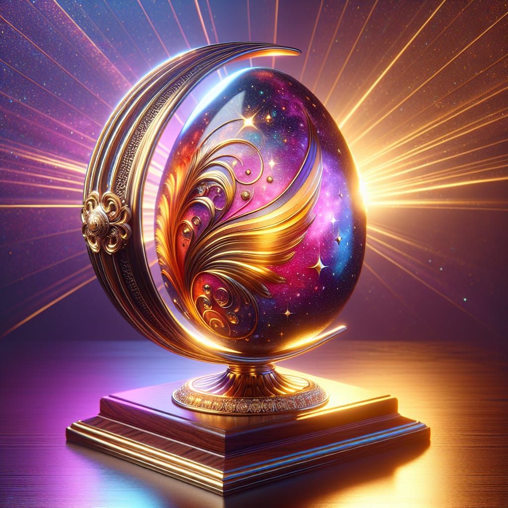 Golden Galaxy Faberge Egg on Wooden Stand