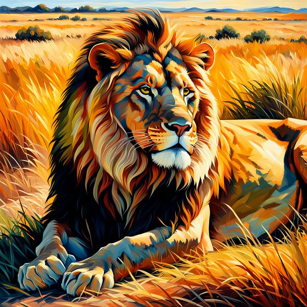 Majestic Lion in Savannah: Neo-Impressionism Oil Painting