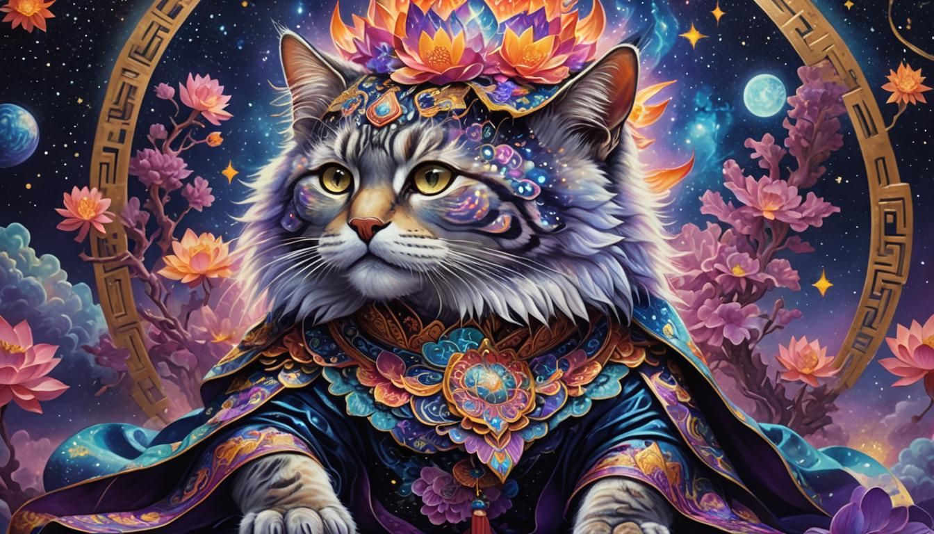 Astral Lucky Cat in Cosmic Lotus, Pablo Amaringo Style