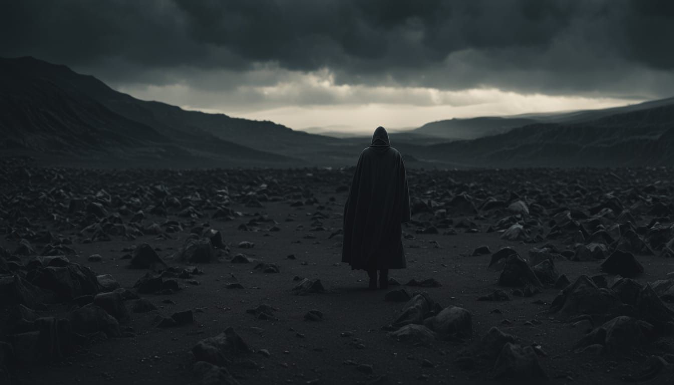 Lone Figure in Shadowy Landscape with Glowing Eyes