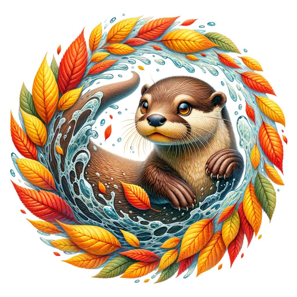 Autumnal Otter Swims in Stream: Watercolor Painting