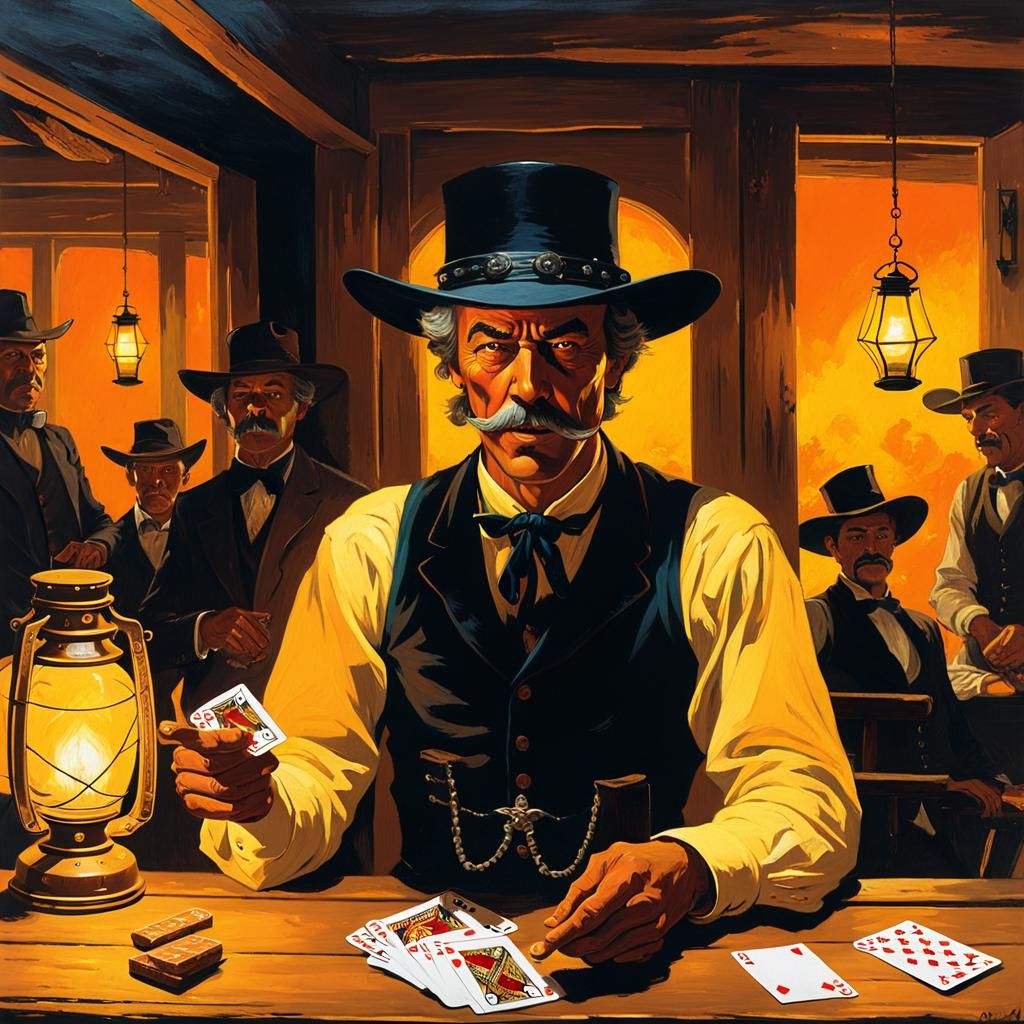 Demonic Gambler in Weird West Saloon as Oil Painting