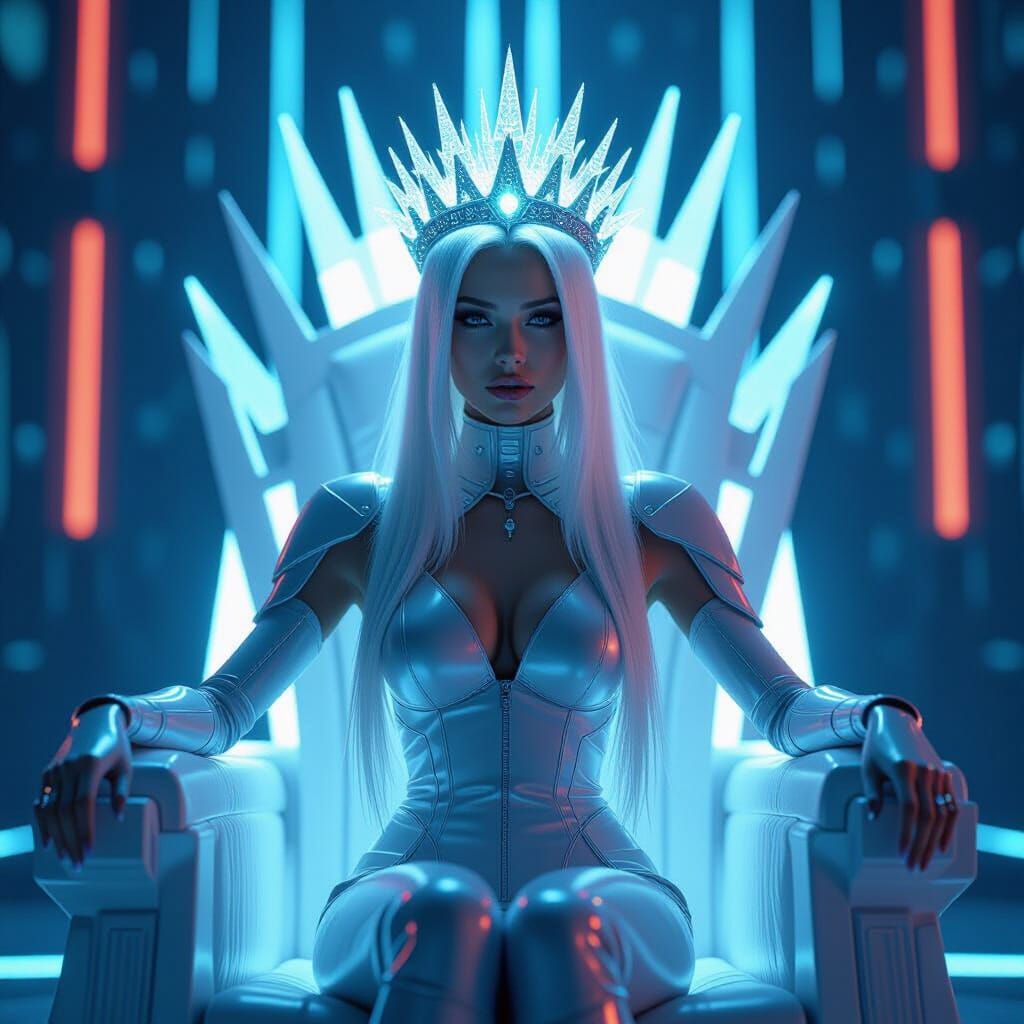 Futuristic Empress on Light Throne in Cyberpunk Style