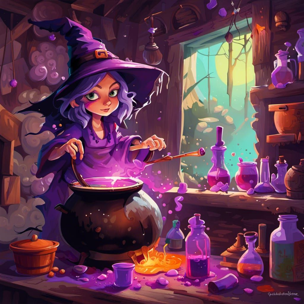 Charming Witch Brewing Purple Potion: Graffiti Art