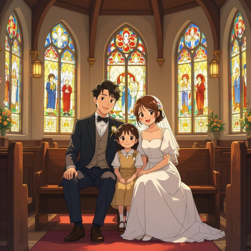 Family in Church, Anime-Inspired Stained Glass