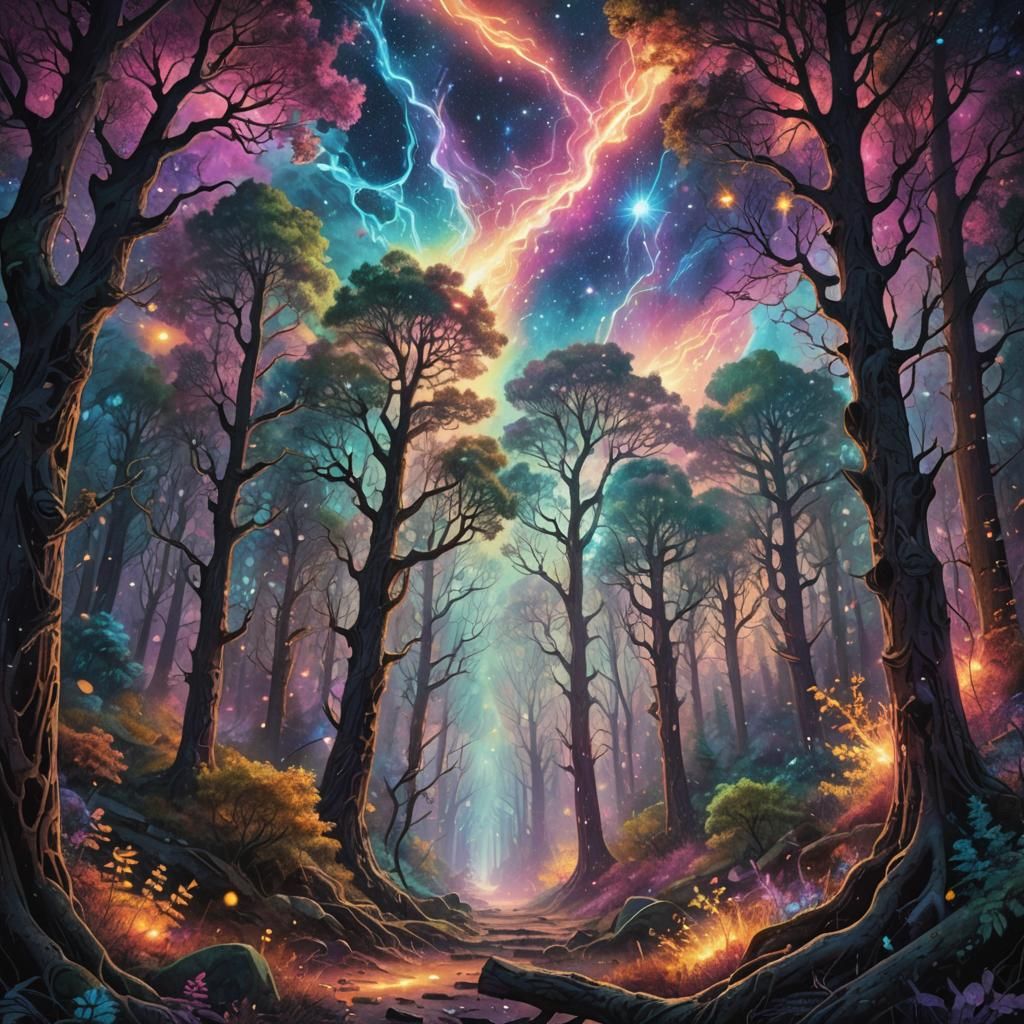 Cosmic Forest: A Vibrant Astral Illustration