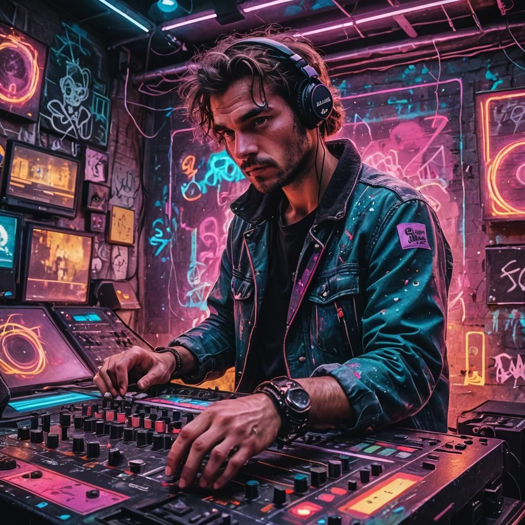 Musician Immersed in Sound Mixer in Urban Street Art