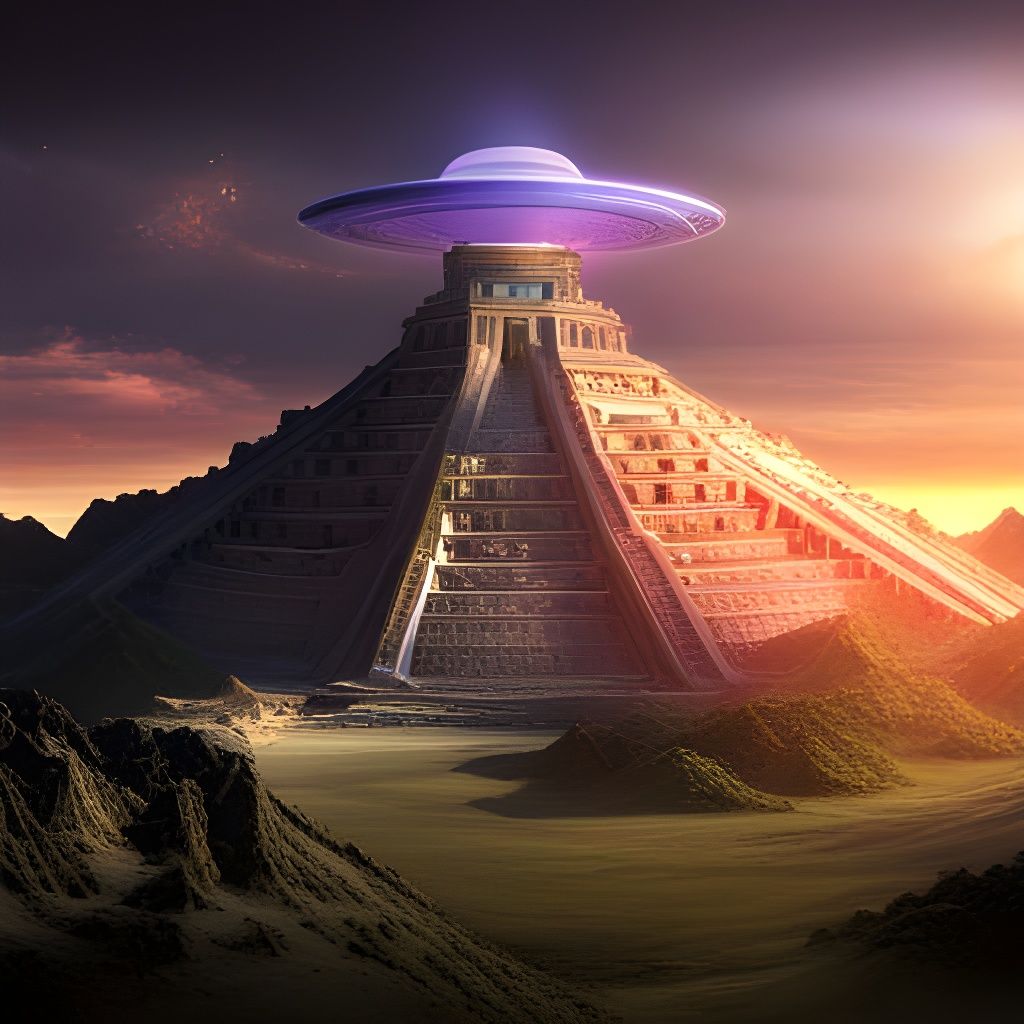 Flying Saucer Through Portal on Mayan Pyramid