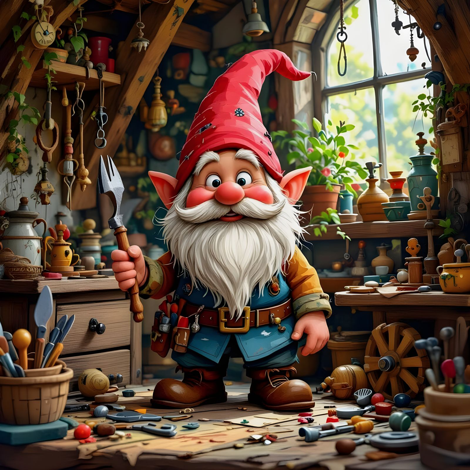 Whimsical Gnome in Workshop, Arthur Rackham Style