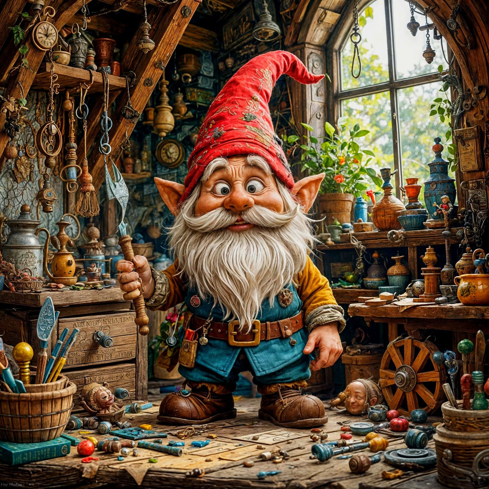 Whimsical Gnome in Workshop, Arthur Rackham Style 3D Art