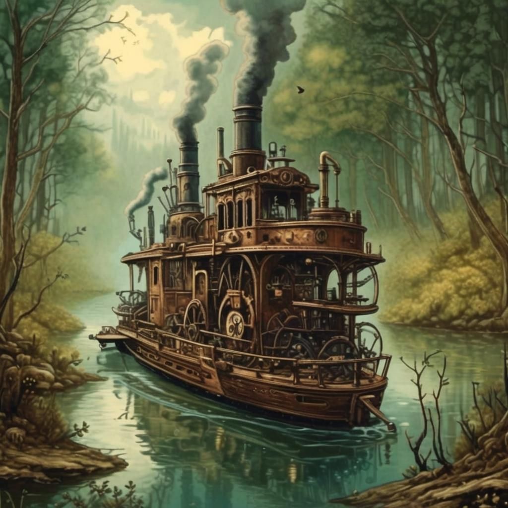 Majestic Steampunk Steamboat Navigates Muddy Riverbanks
