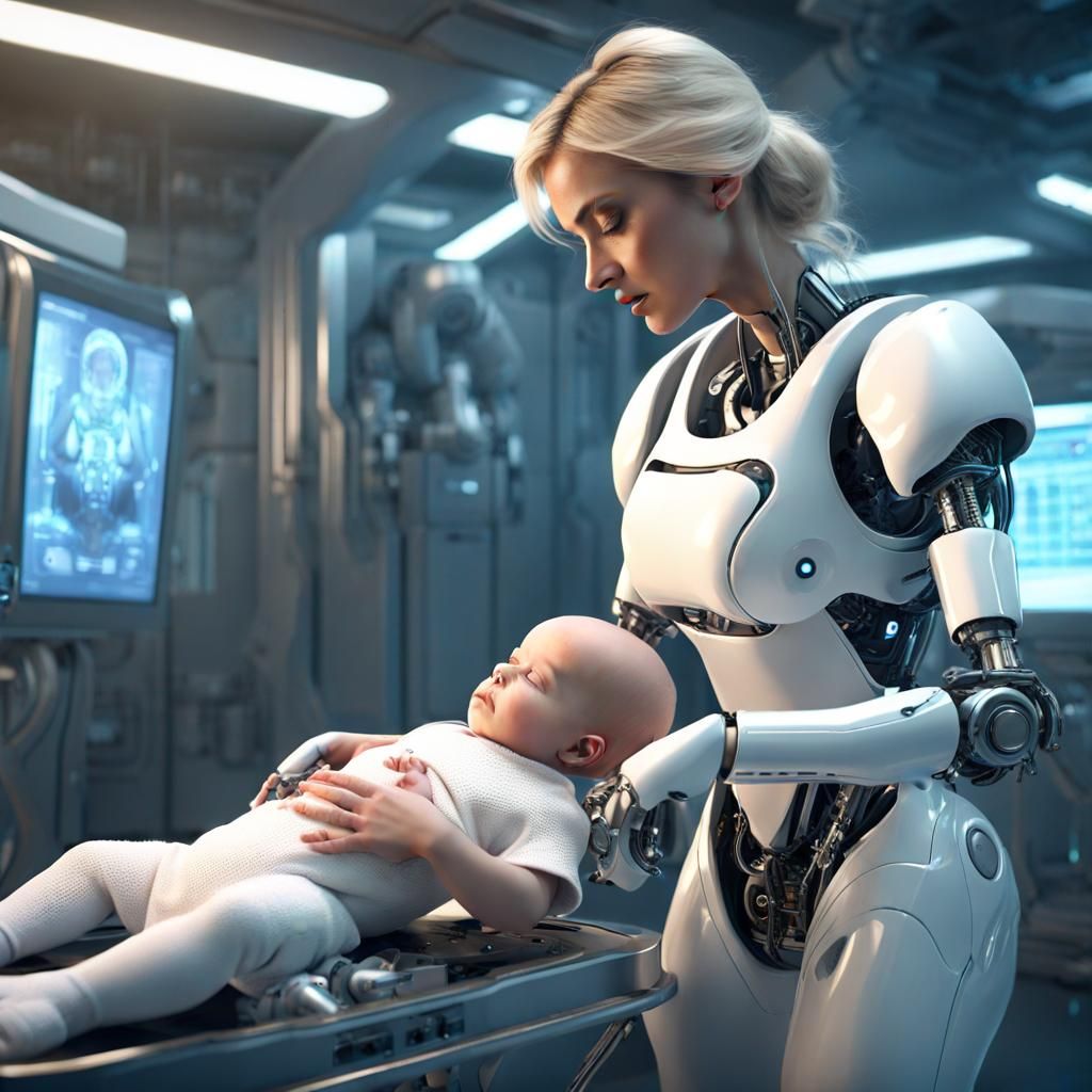 Futuristic Doctor and Robot with Newborn Baby
