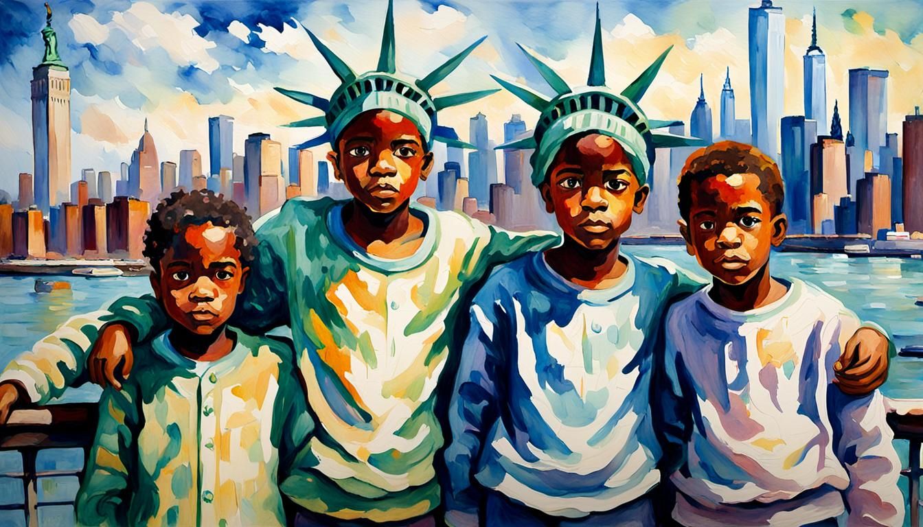 Children Admire Liberty in Monet-Inspired Watercolor