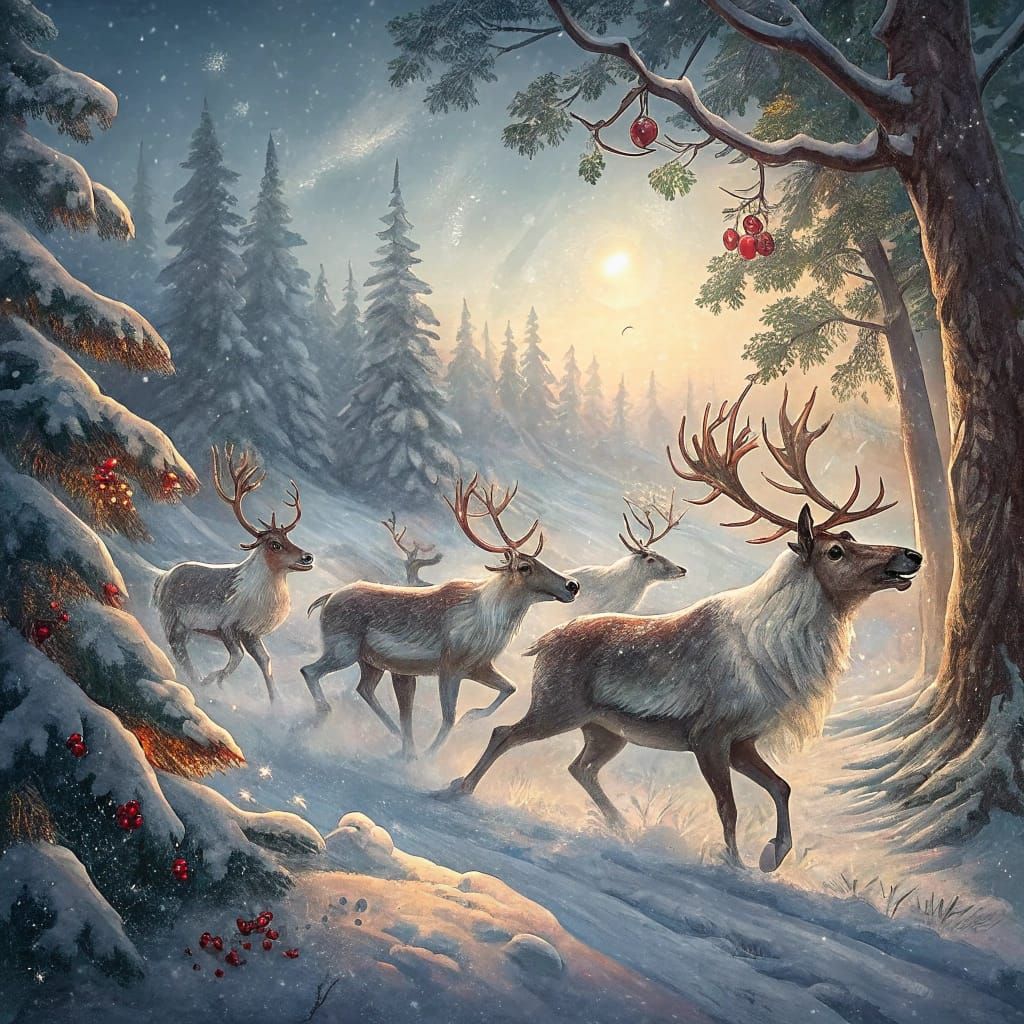 Reindeer Frolic in Snowy Forest Landscape