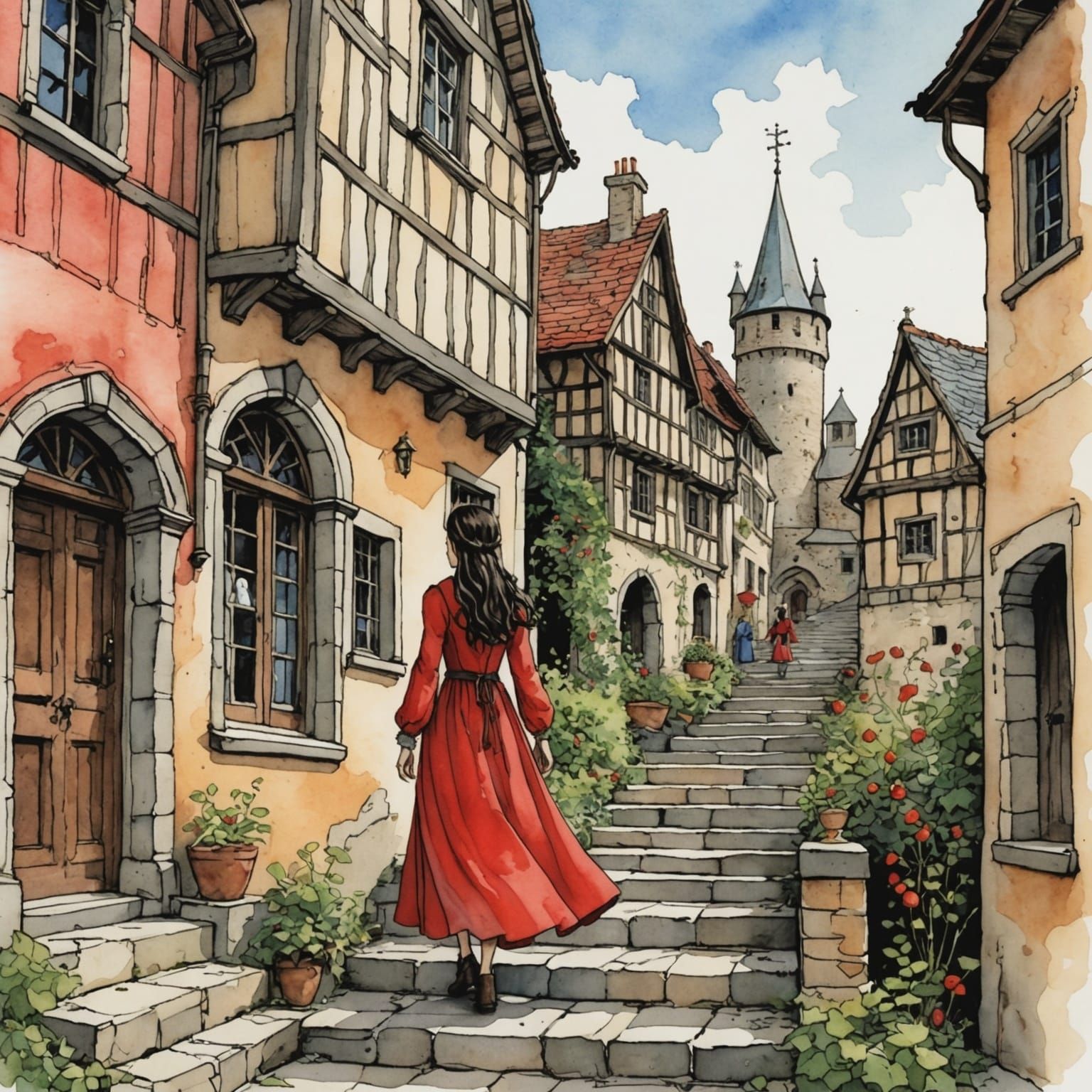 Medieval Maiden in Storybook Watercolor Illustration