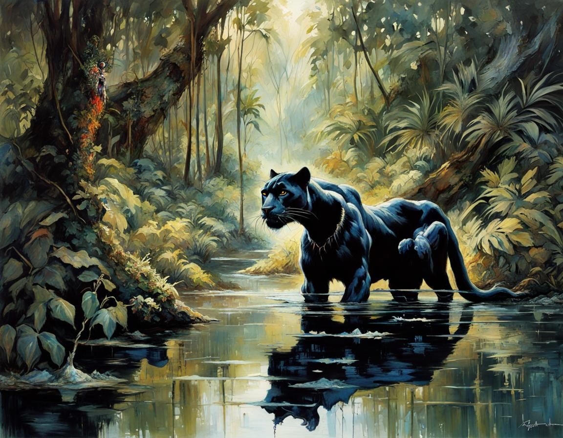 Black Panther Drinking: Dark Fantasy Jungle River Scene