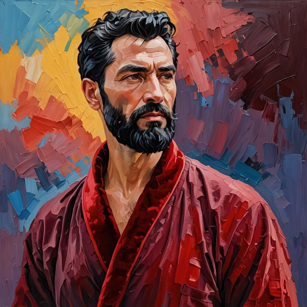 Man in Red Velvet Robe, Impasto Oil Painting
