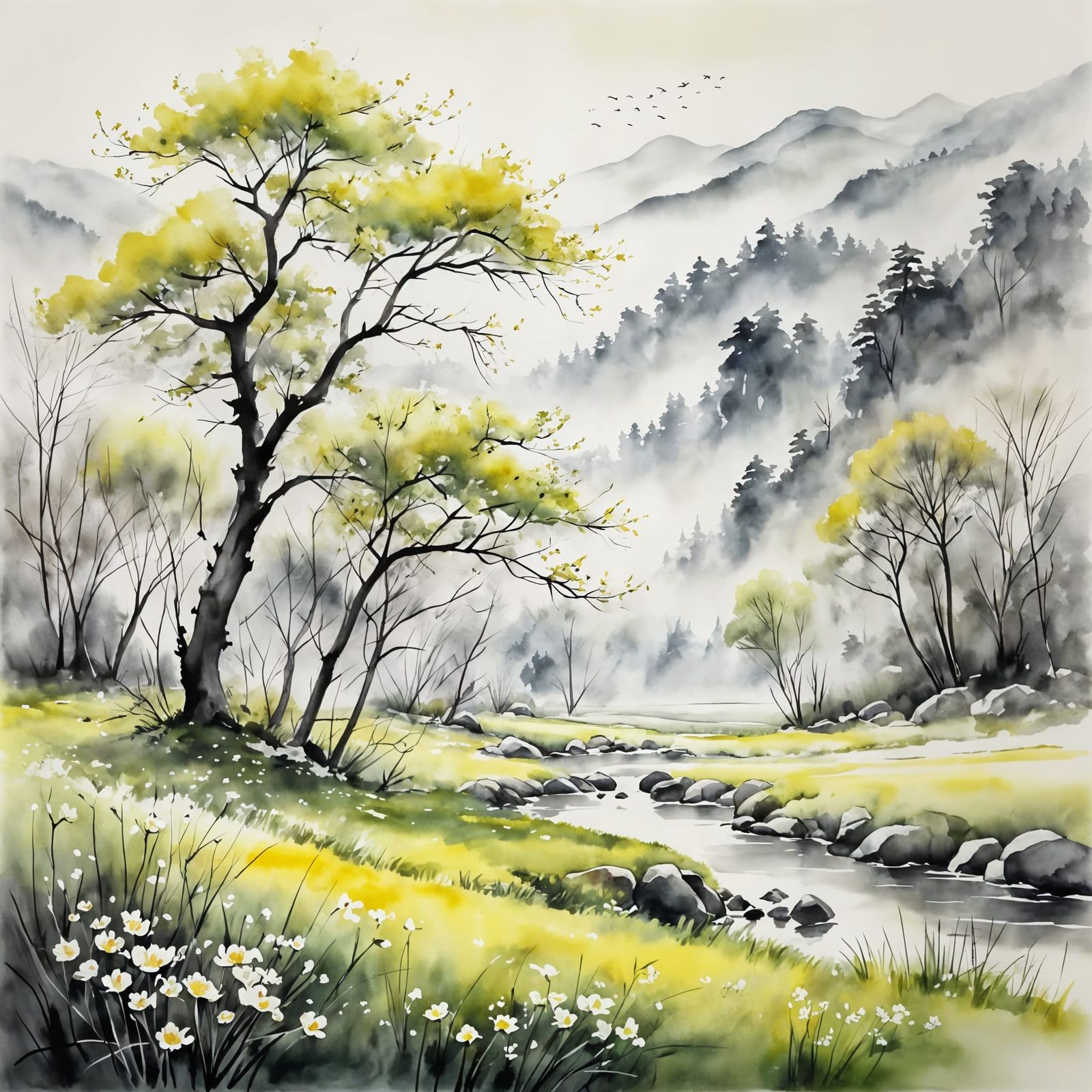 Tranquil Spring Landscape in Watercolor and Ink Style