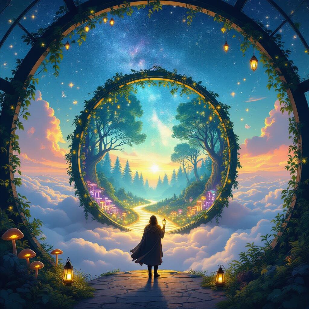 A floating celestial glasshouse leading to a new pathway