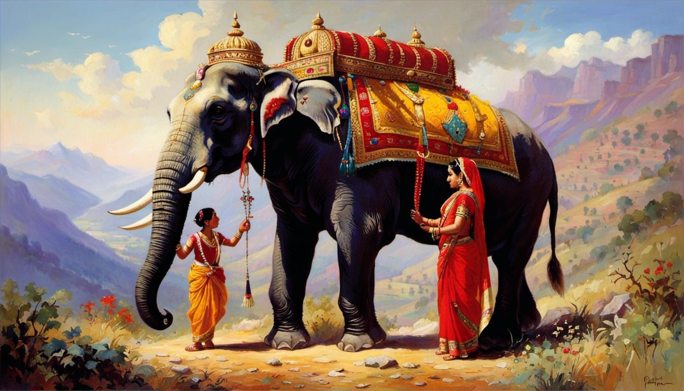 Most amazing art from India representing life With a magnificent show bull elephant in the mountains, by pino daeni and ...