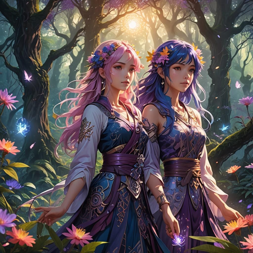 Anime Girls Surrounded by Magical Energy in Forest