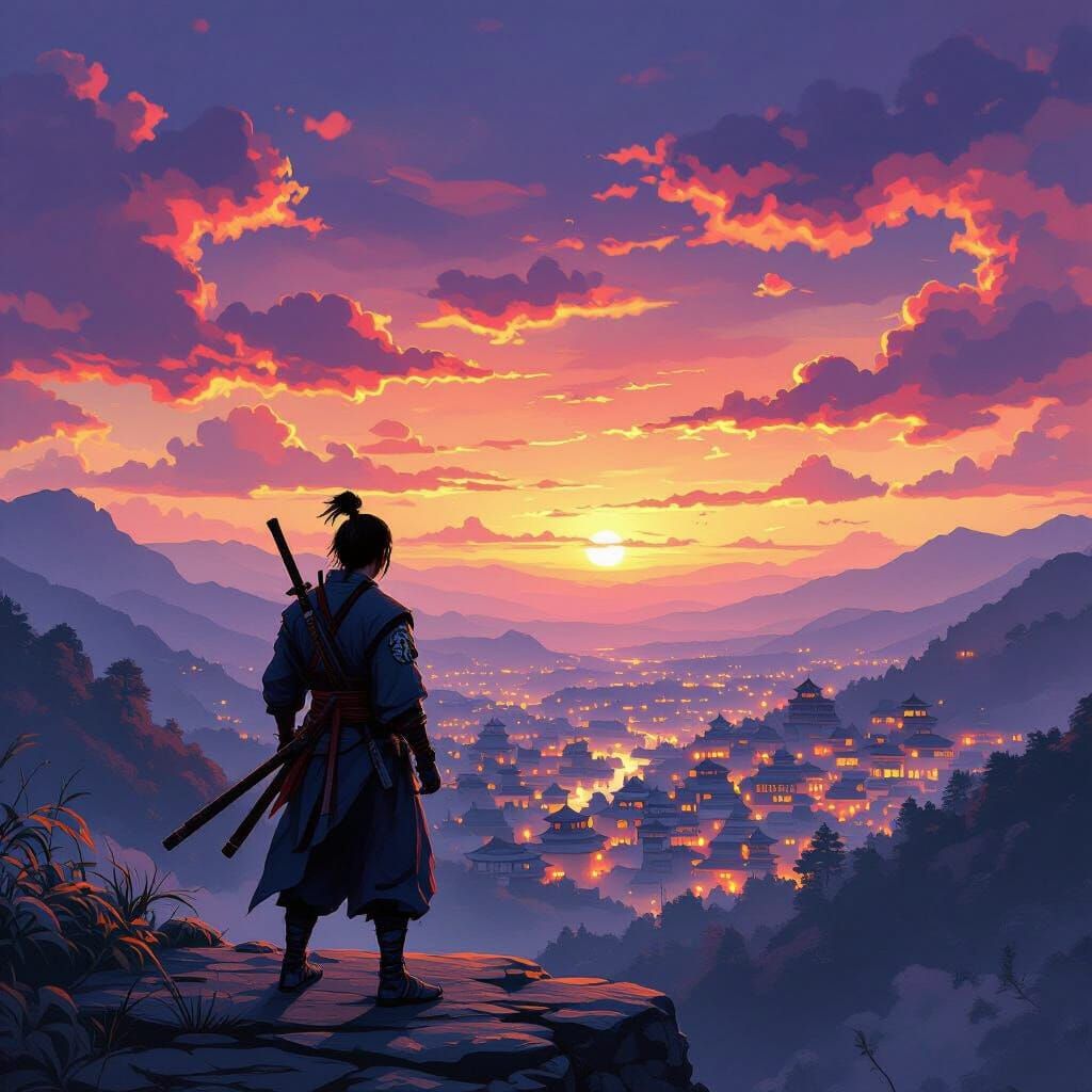 Ninja on Cliff Overlooking Japanese Valley at Sunset
