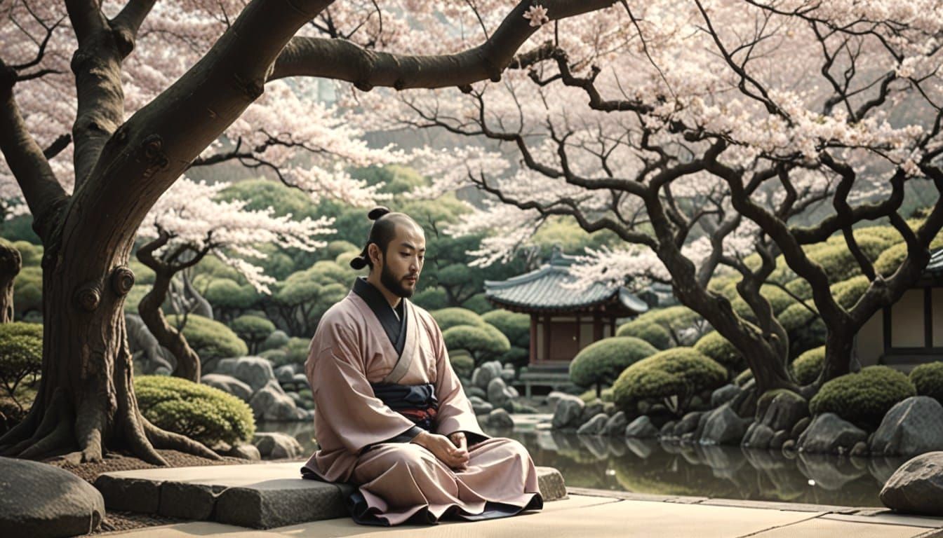 Serene Monk Meditates Beneath Cherry Blossom Tree in Ukiyo-e...