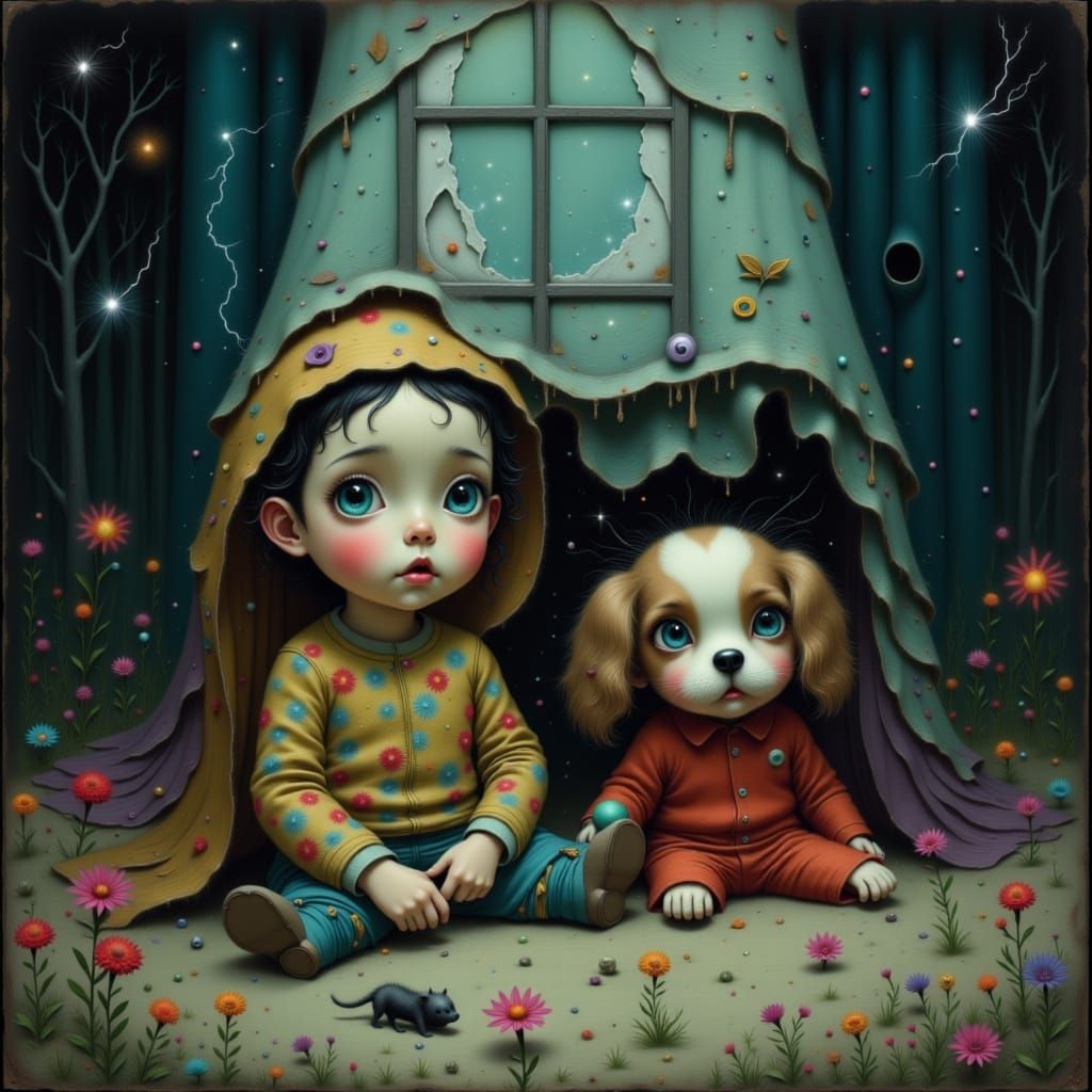 Boy and Puppy Watching Storm in Whimsical Style