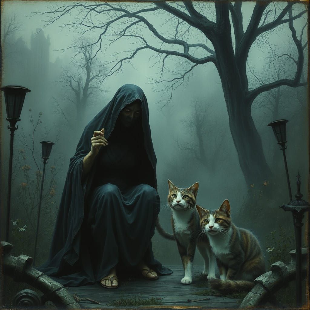 Ethereal Cat and Feline Goddess in Whimsical Garden